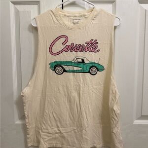 American Eagle Outfitters Cream Muscle Tee with Pink and Green Graphic
